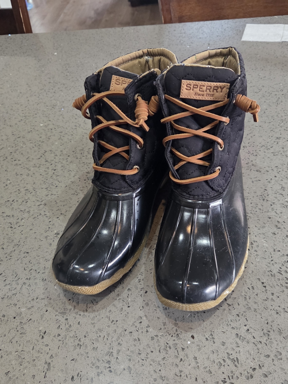 Sperry Black Quilted Duck Boots with Tan Laces